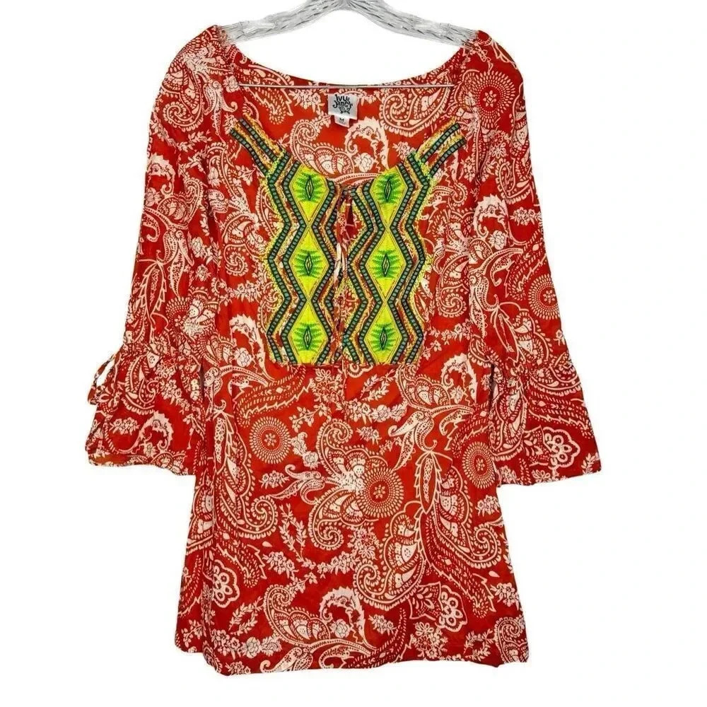 Ivy Jane Tunic Paisley Embroidered Scoop Neck 3/4 Bell Sleeve M Orange White Top